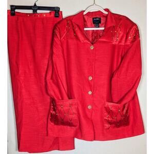 ASHRO Women's Skirt Suit ~ Red with Gold Beads and Sequins Fancy Buttons Sz 20